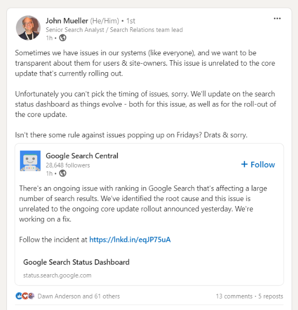Google confirms glitch affecting search rankings