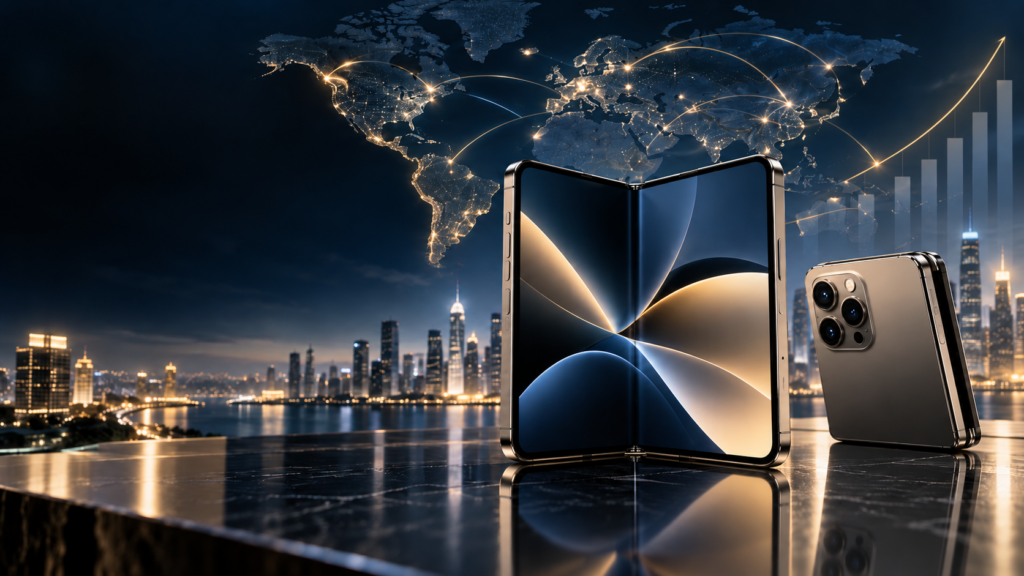 Foldable Phones Over a Connected Cityscape